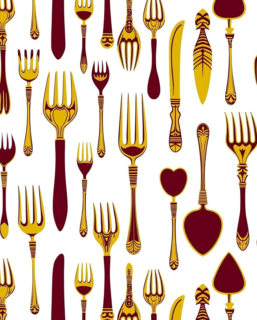 Maroon Gold Utensil Medallion Collage Rug