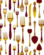 Maroon Gold Utensil Medallion Collage Rug