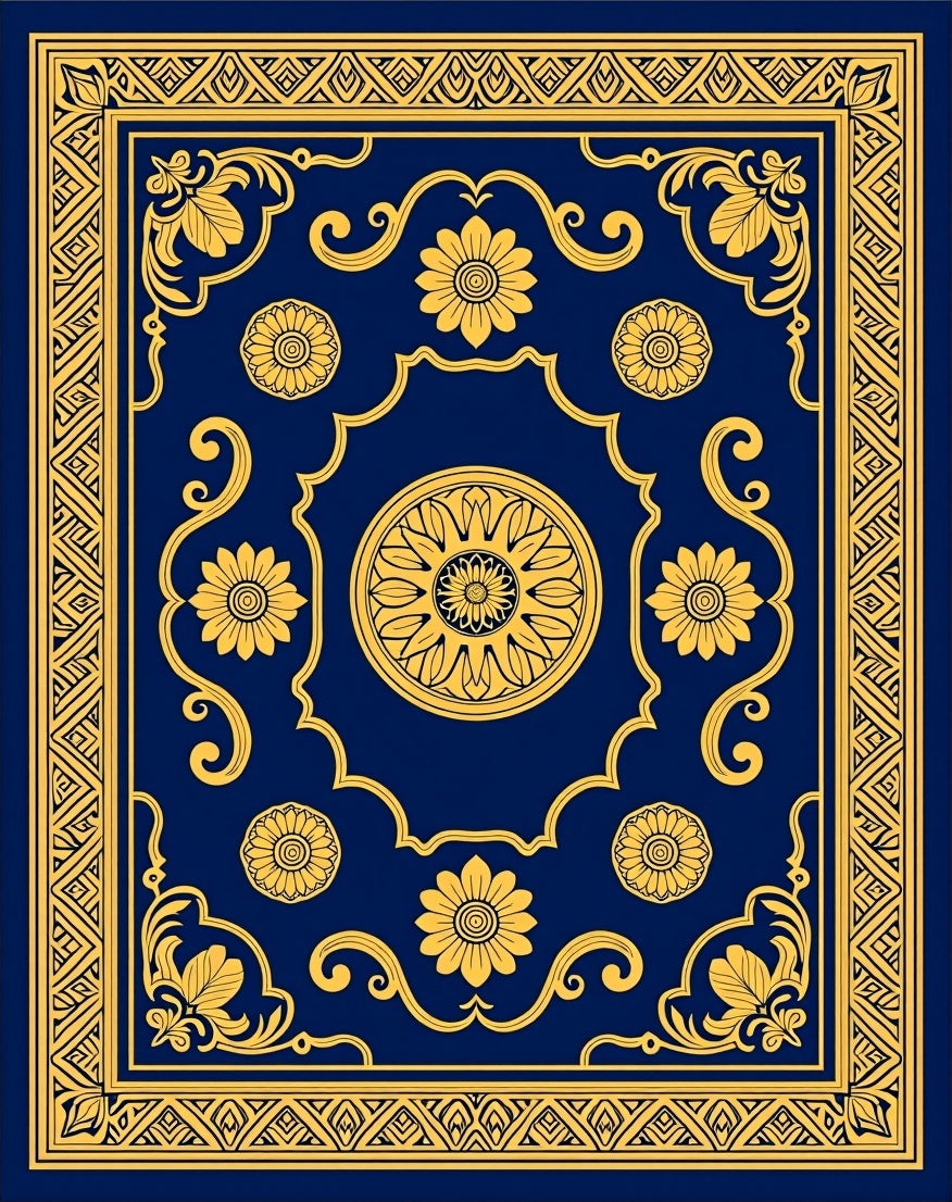 Ornate Floral Medallion Navy Rug
