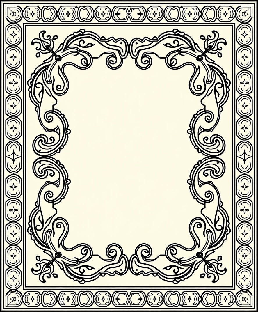 Elegant Black Scrollwork With Geometric Borders Rug