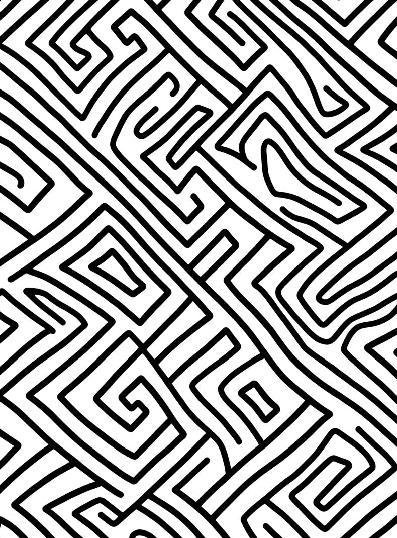 Abstract Black Swirl White Maze Pattern Rug