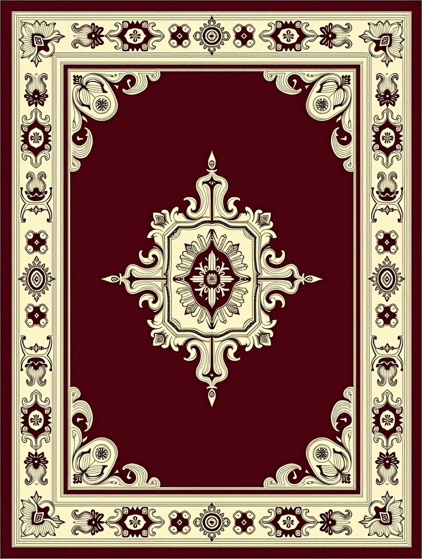 Maroon Floral Scrollwork Medallion Design Rug