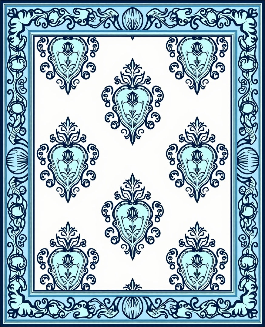 Light Blue Navy Damask Pattern Rug