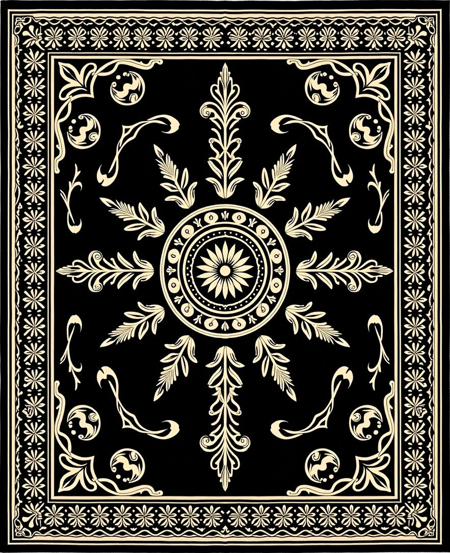 Elegant Black Ivory Floral Scroll Rug