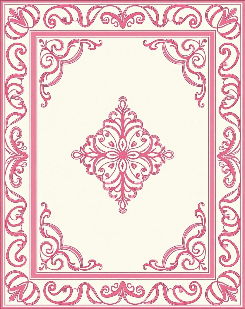 Elegant Pink Floral Scrollwork Frame Rug