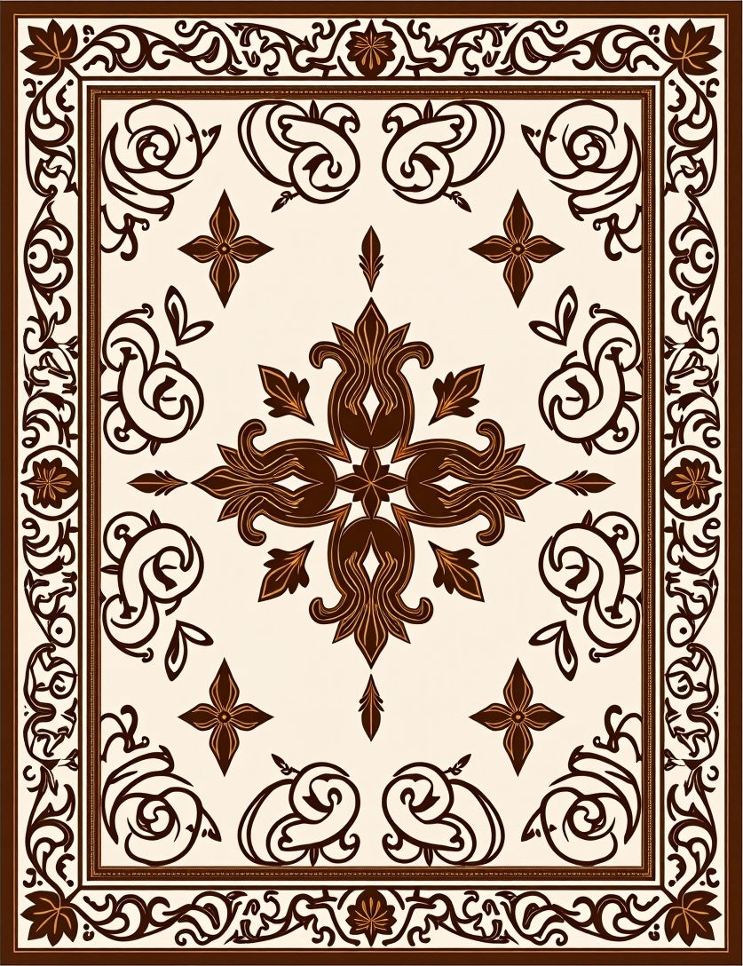 Ornate Dark Brown Floral Border Rug