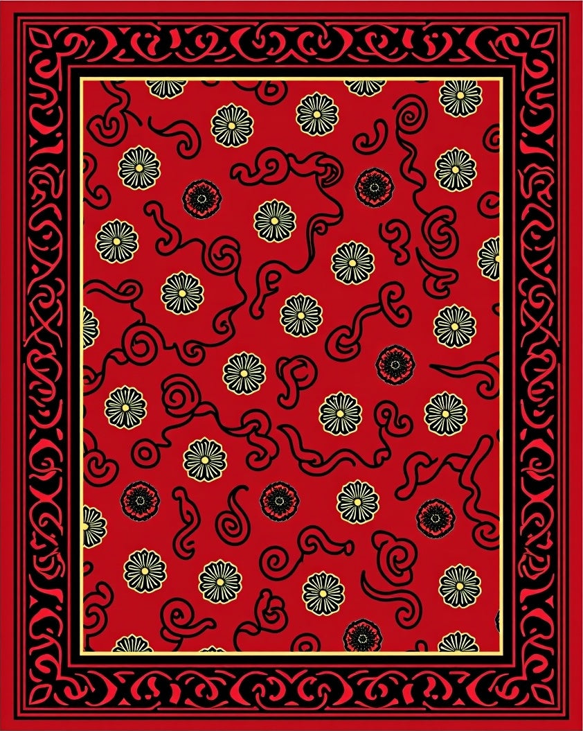 Red Black Floral Scroll Patterned Rug