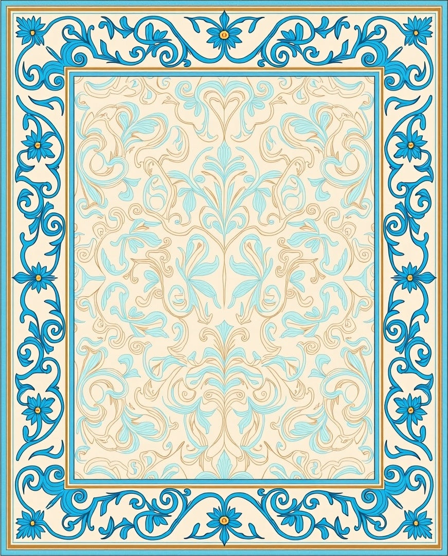 Ornate Floral Scroll Border Design Rug
