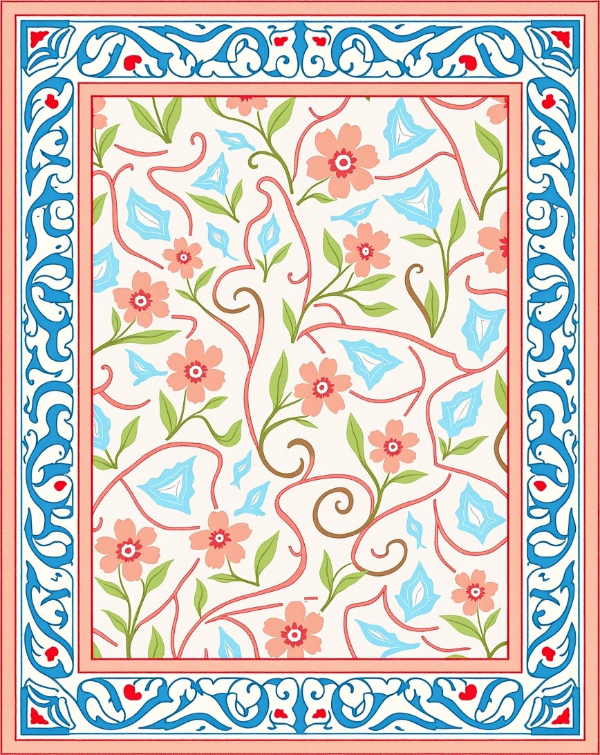 Coral Floral Vine With Blue Accents Rug