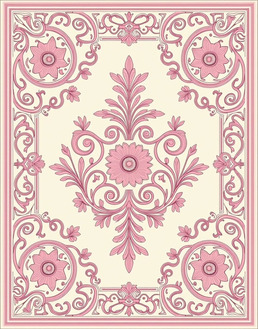 Ornate Floral Scrollwork Pink Pattern Rug