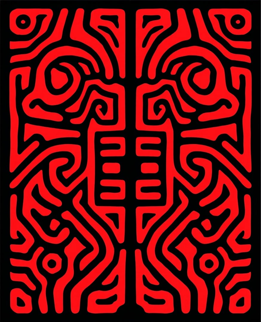 Bold Red Swirling Maze Pattern Rug
