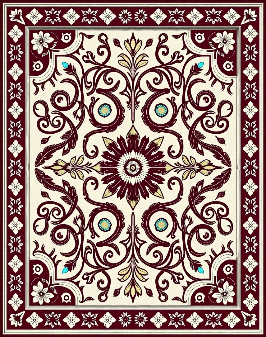 Maroon Floral Scrollwork Vintage Design Rug