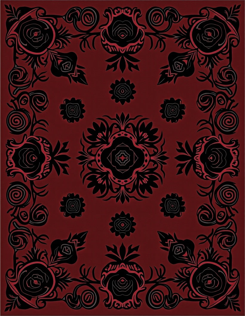 Deep Red Black Floral Scroll Medallion Rug