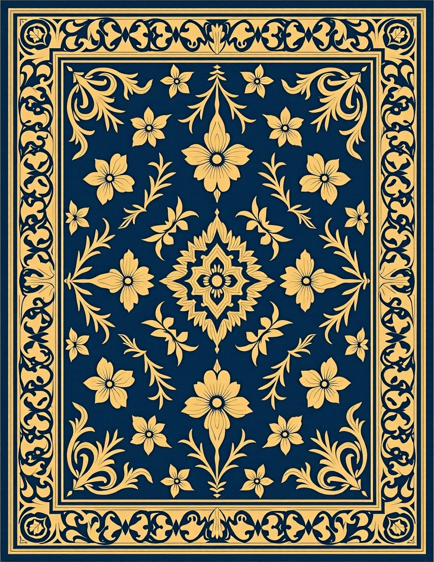 Elegant Golden Floral Patterned Navy Rug