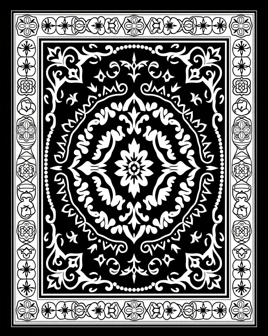 Classic Black White Floral Mandala Rug