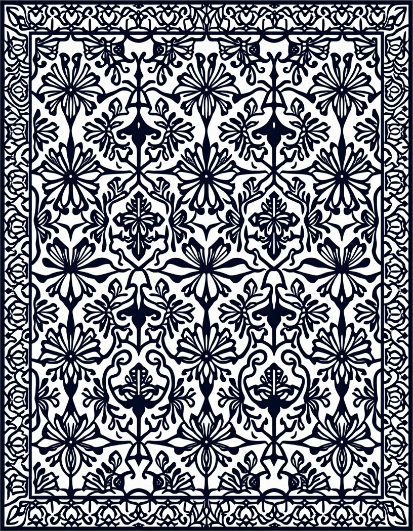 Ornate Floral Black and White Pattern Rug