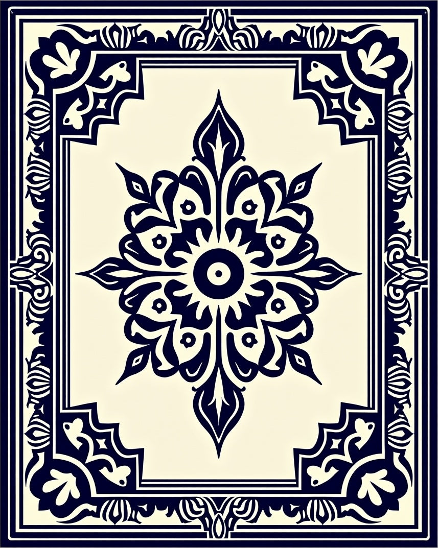 Elegant Navy Floral Center Medallion Rug