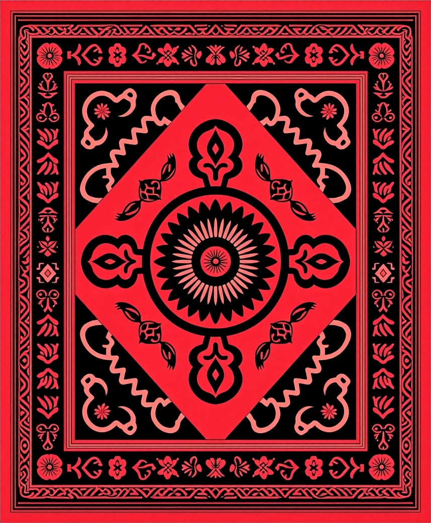 Bold Red Black Floral Medallion Rug