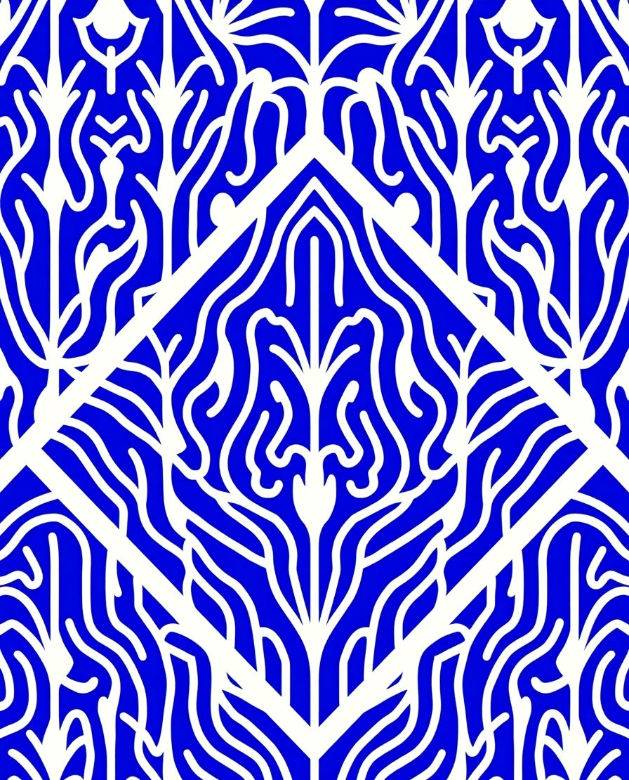 Blue White Organic Art Deco Pattern Rug