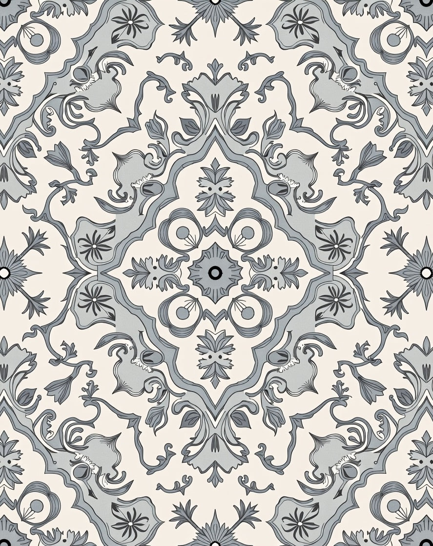Grey Cream Damask Floral Pattern Rug