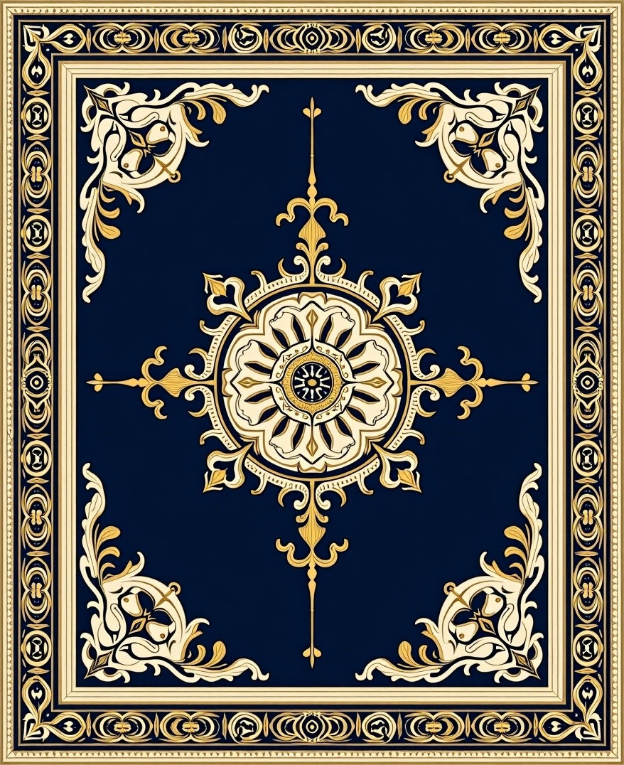 Intricate Gold Floral Medallion Design Rug