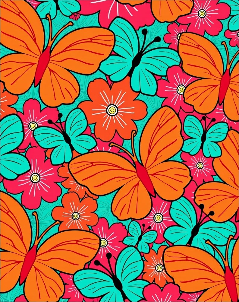 Orange Butterfly Flower Pattern Rug