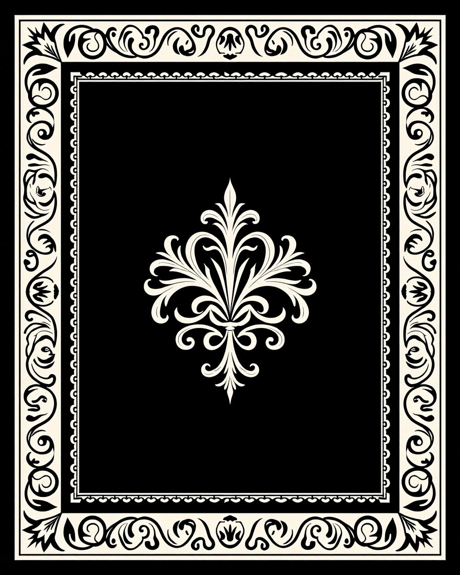 Elegant Black With Cream Scroll Scrollwork Rug
