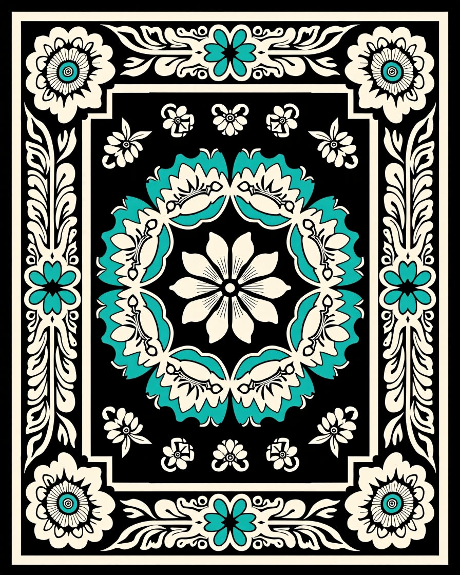 Bold Floral Border With Teal Accents Rug