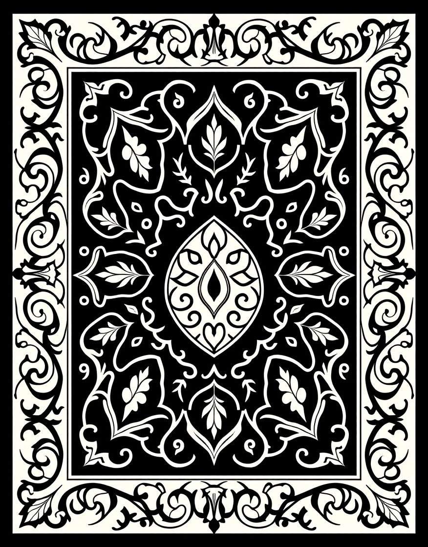 Intricate Black Ivory Floral Pattern Square Rug