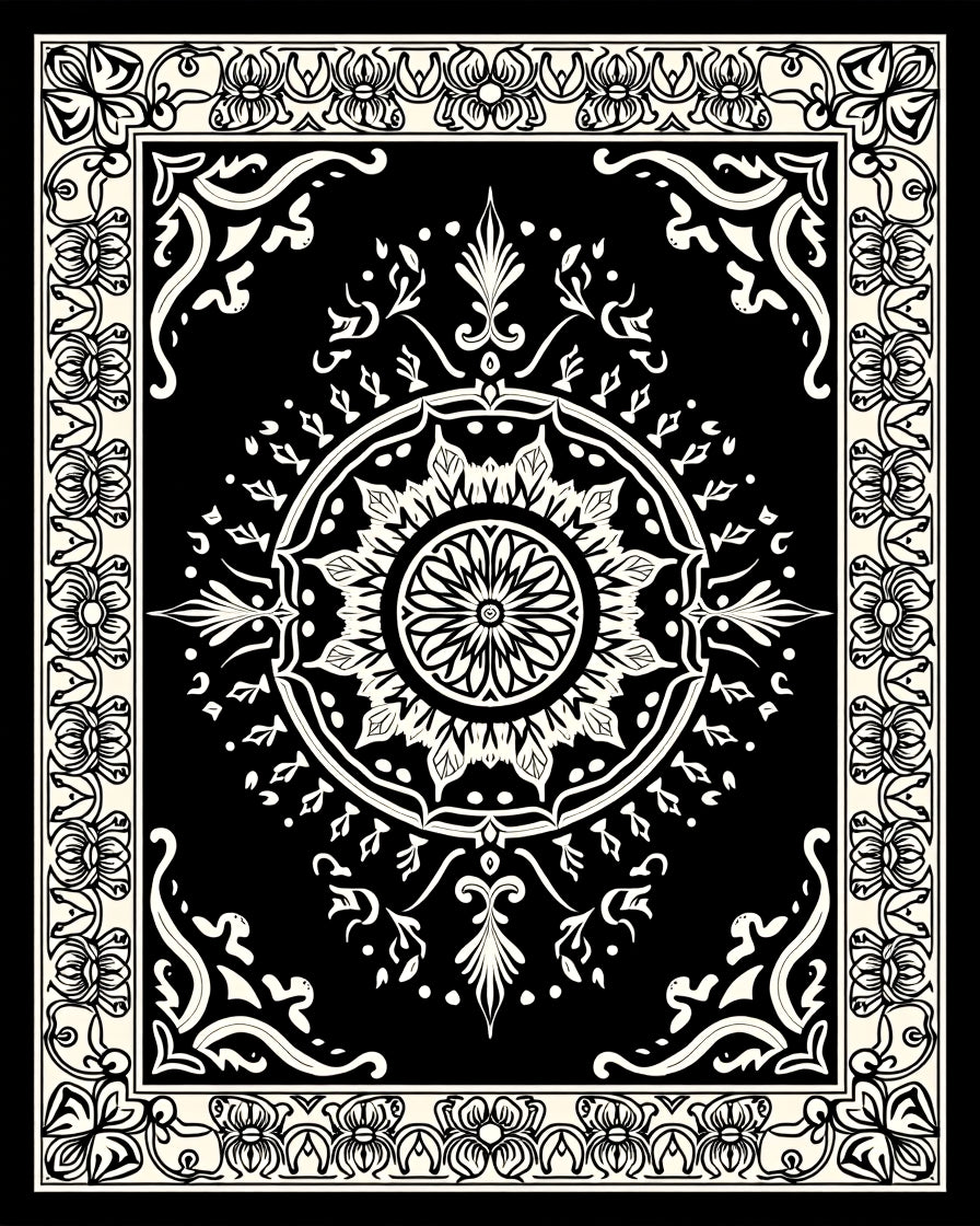 Black White Intricate Floral Mandala Rug