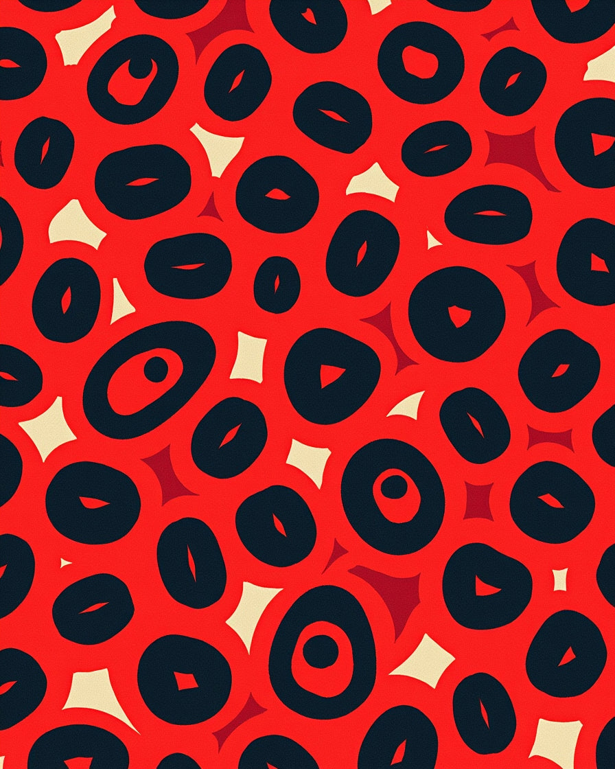 Red Black Abstract Oval Pattern Rug