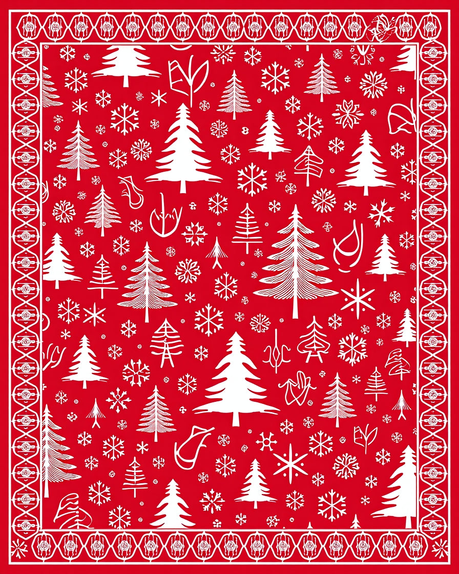 Red White Christmas Tree Snowflake Border Rug