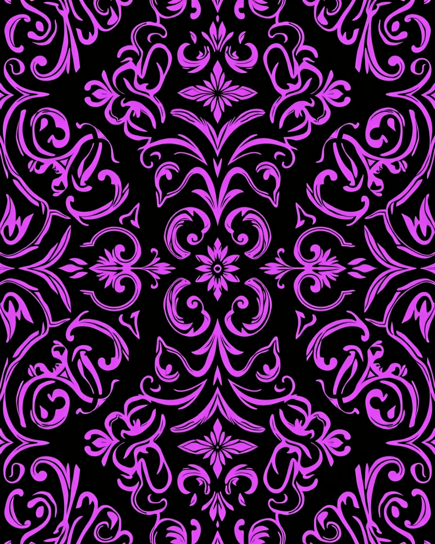 Vibrant Pink Floral Damask Black Rug