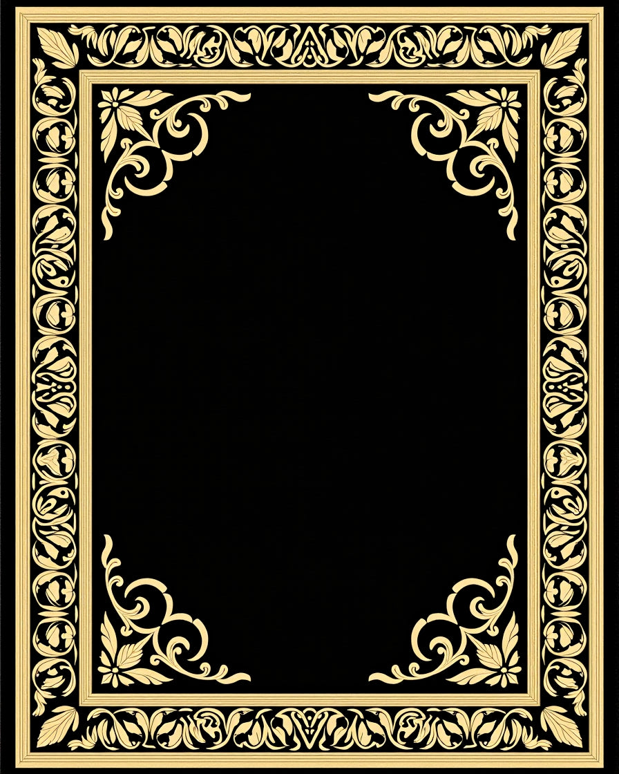 Black Gold Floral Ornate Border Rug