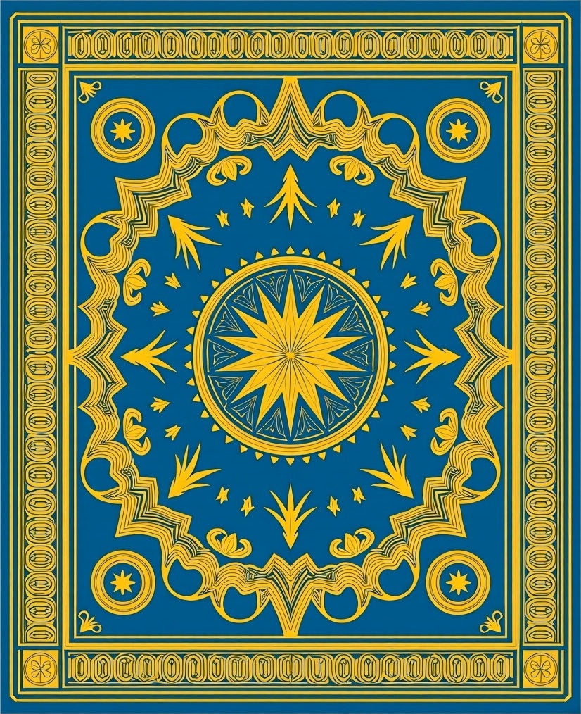 Blue Yellow Sunburst Medallion Border Rug
