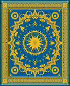 Blue Yellow Sunburst Medallion Border Rug