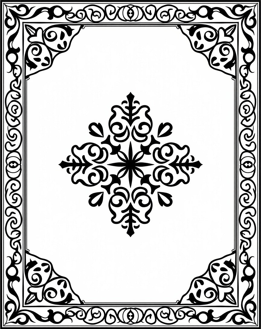 Ornate Black Floral Medallion Border Rug