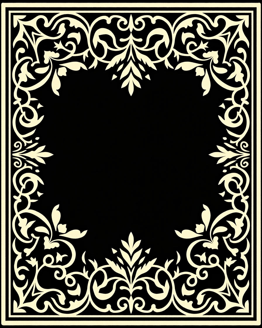 Ornate Scrollwork Black Ivory Corner Design Rug