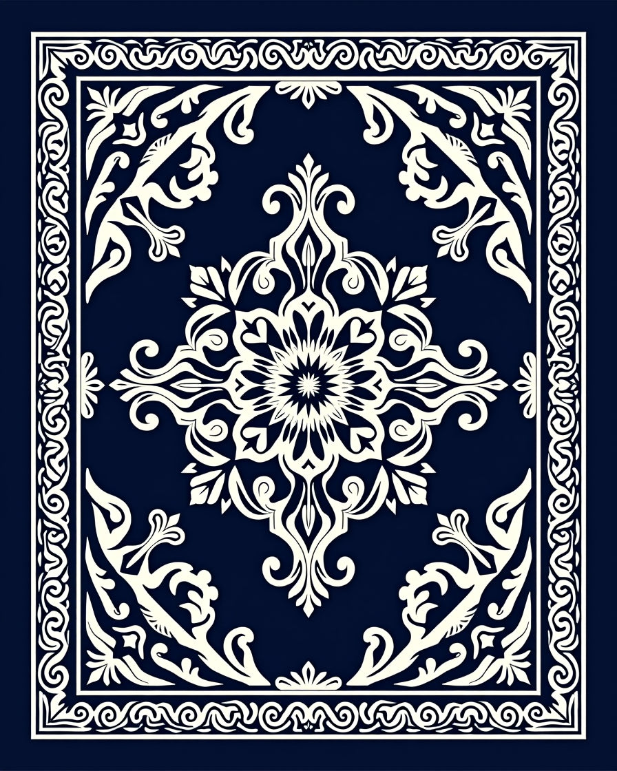 Deep Blue White Intricate Floral Pattern Rug