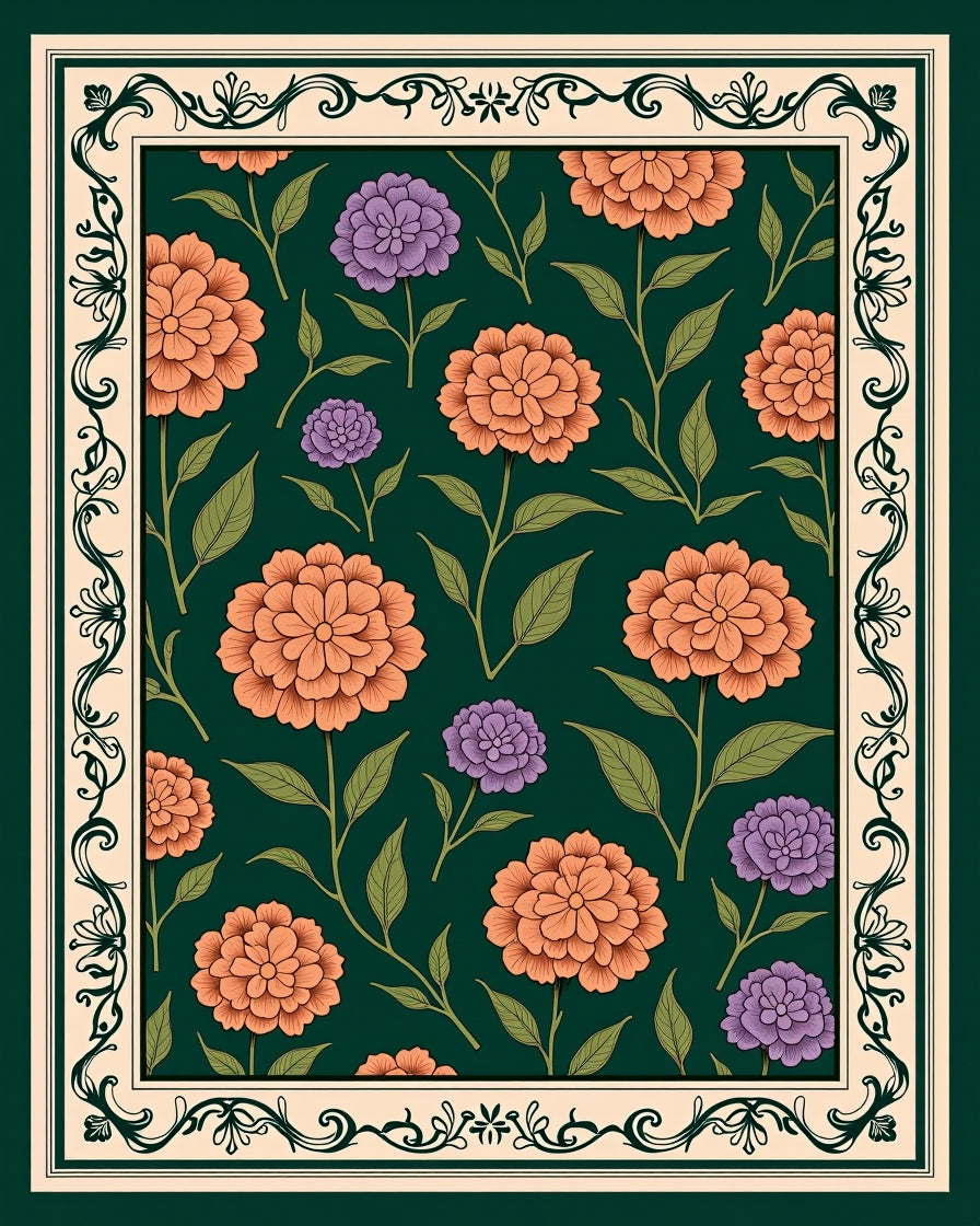 Floral Scrollwork Vintage Botanical Rug