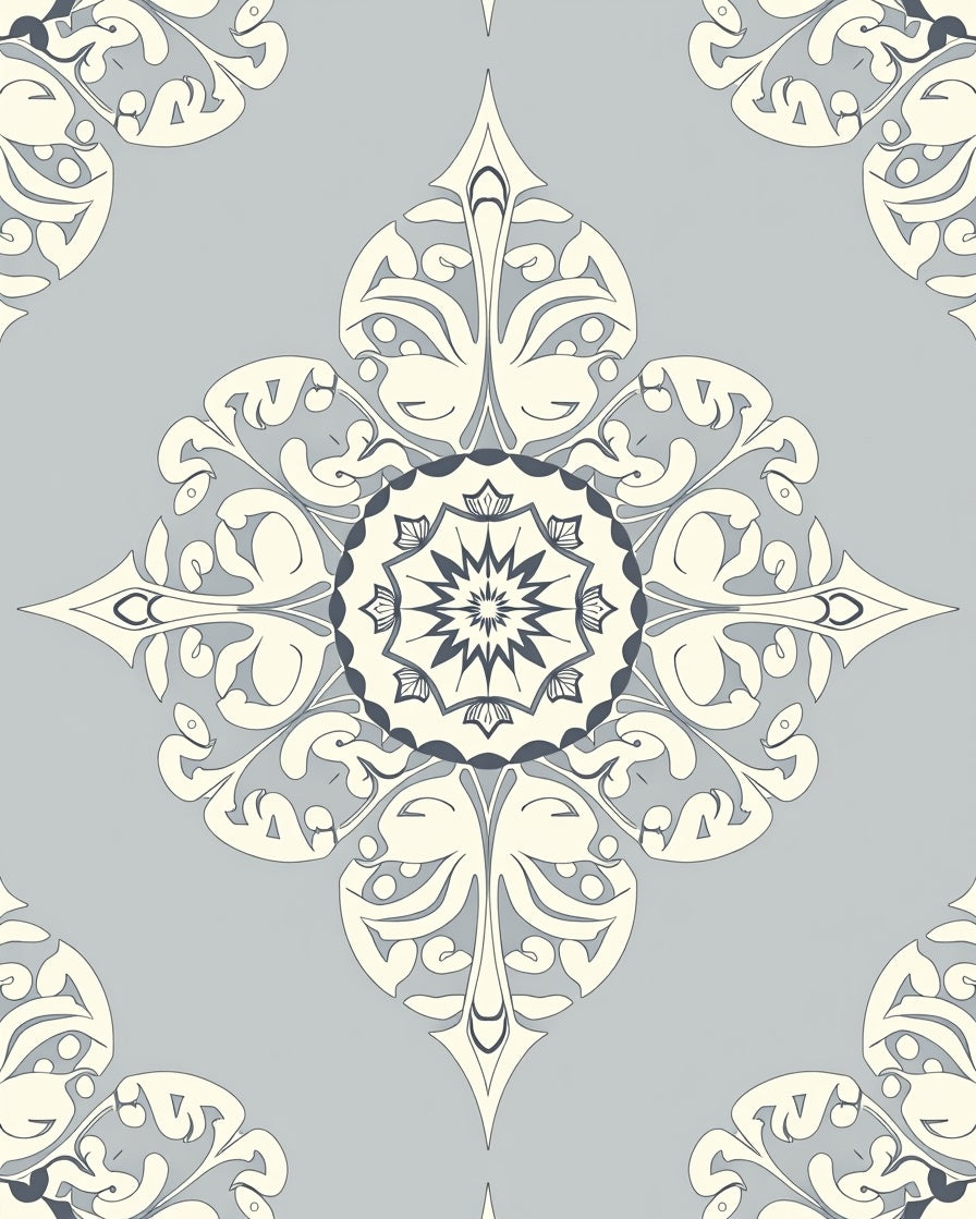 Elegant Cream Grey Floral Mandala Rug