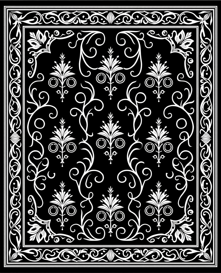 Black White Floral Vine Border Rug