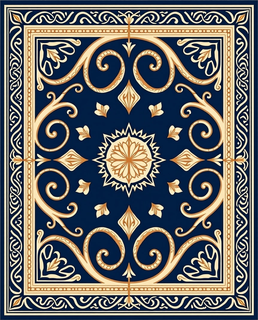 Classic Floral Swirls Navy and Gold Rug