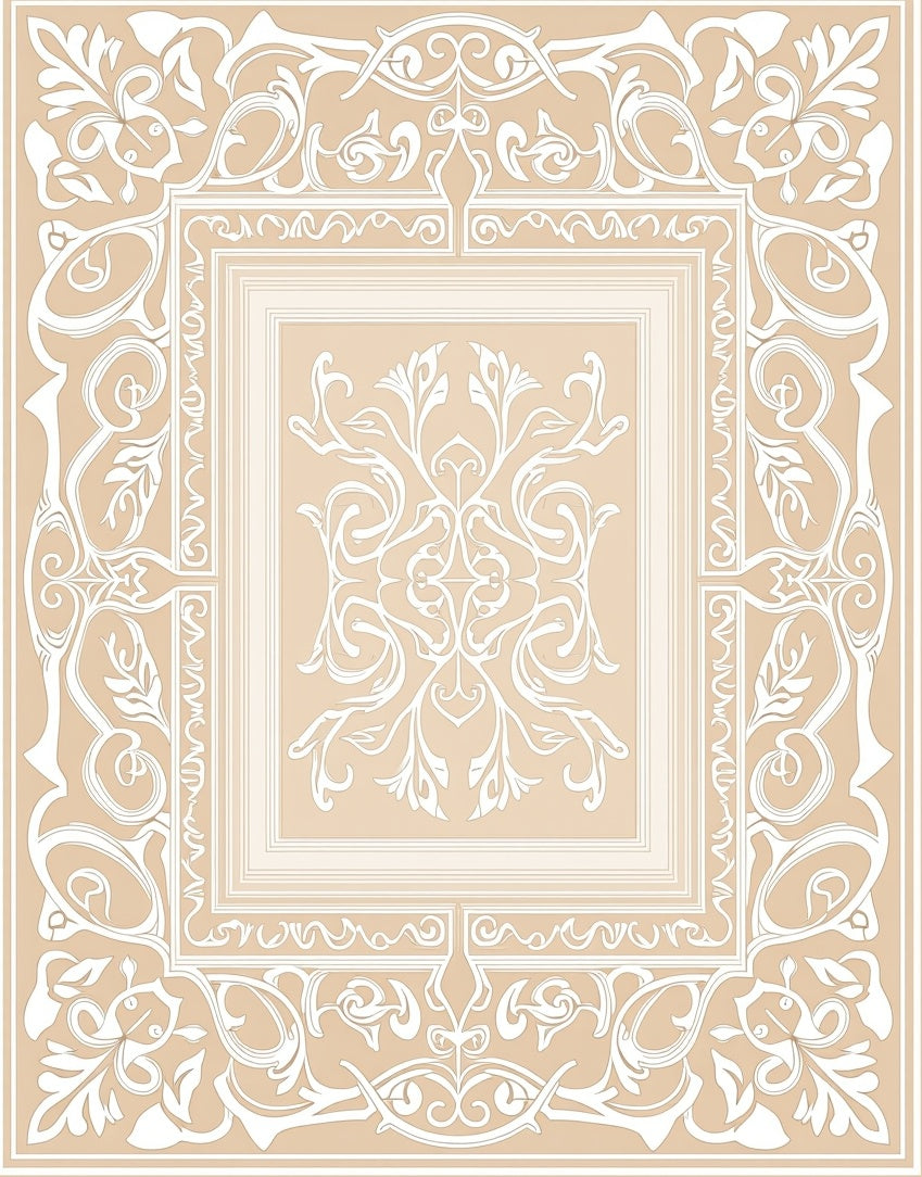 Elegant White Floral Beige Symmetry Rug