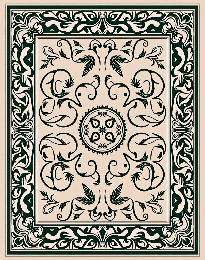 Intricate Floral Dark Green On Cream Rug