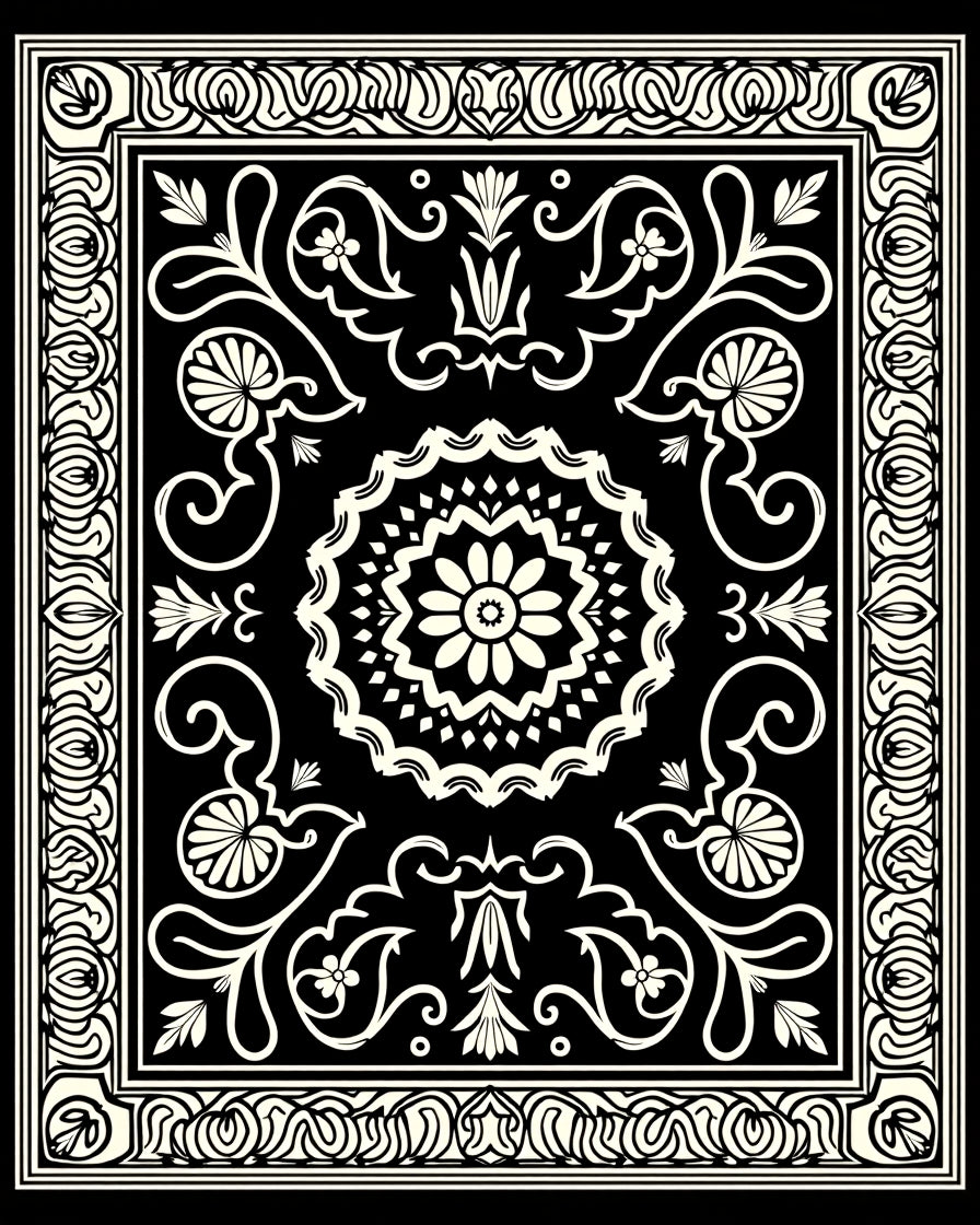 Black Cream Floral Medallion Frame Rug