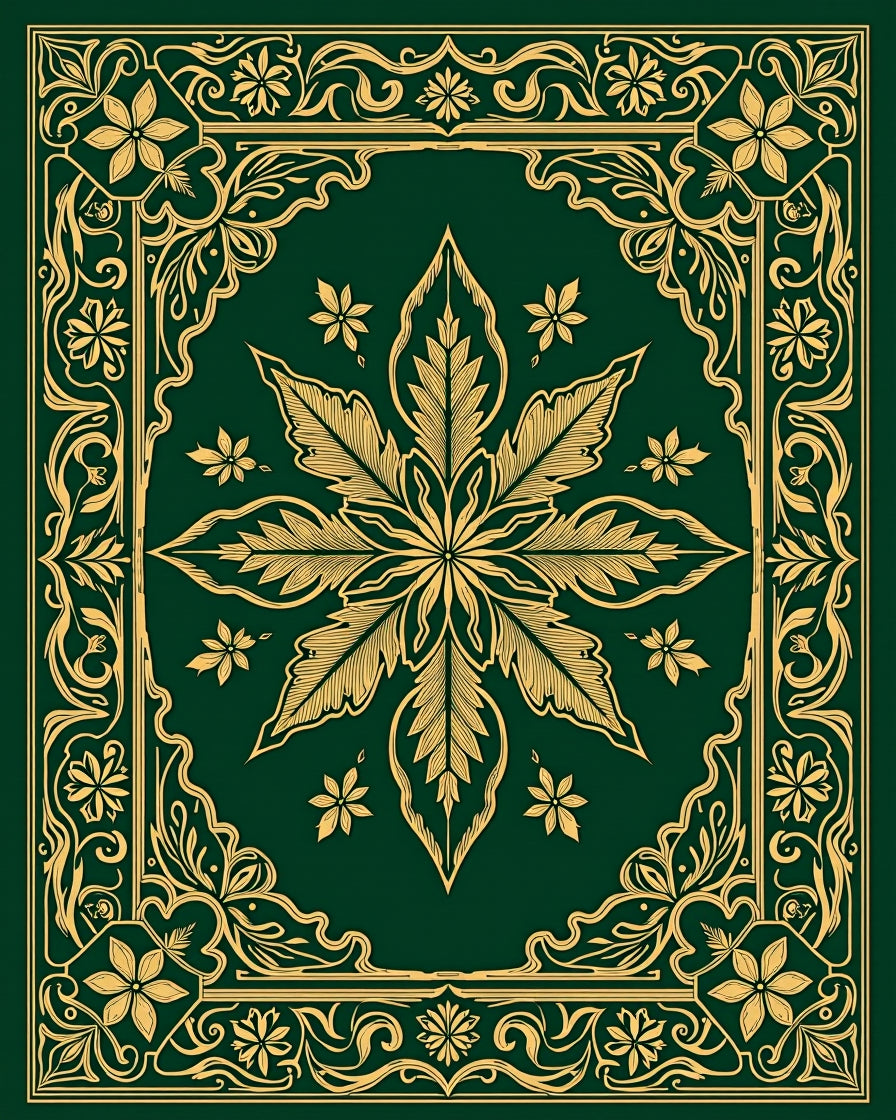 Emerald Golden Leaf Scroll Border Rug