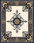 Classic Dark Navy Gold Floral Medallion Design Rug