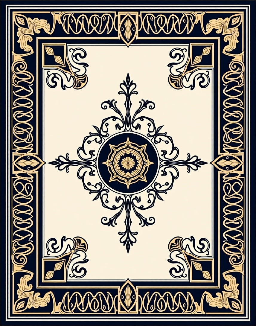 Classic Dark Navy Gold Floral Medallion Design Rug