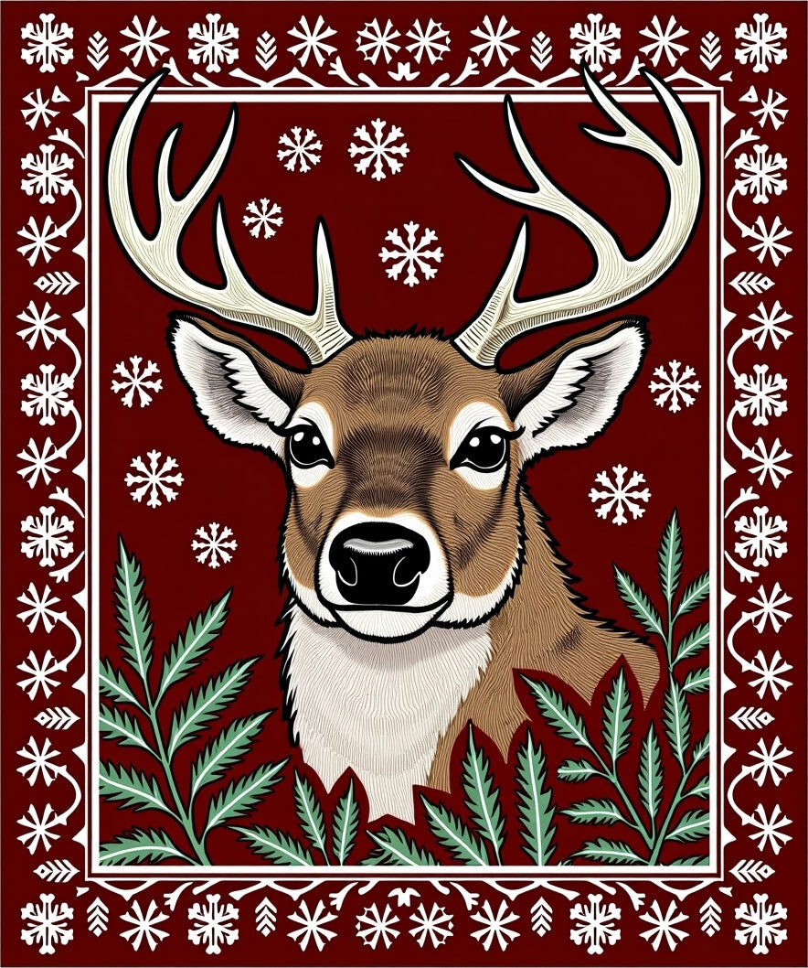 Crimson Deer Snowflake Botanical Frame Rug